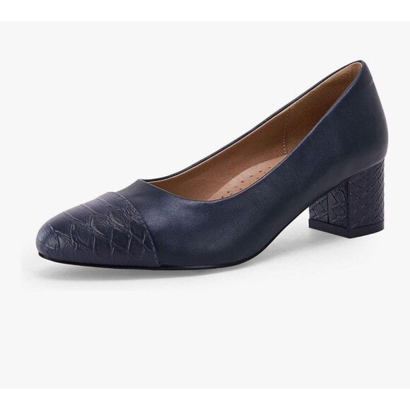 Navy Blue Almond Toe Embossed Block Heels Women’s Size 7.5 Snakeskin Slip On NEW - Picture 5 of 13